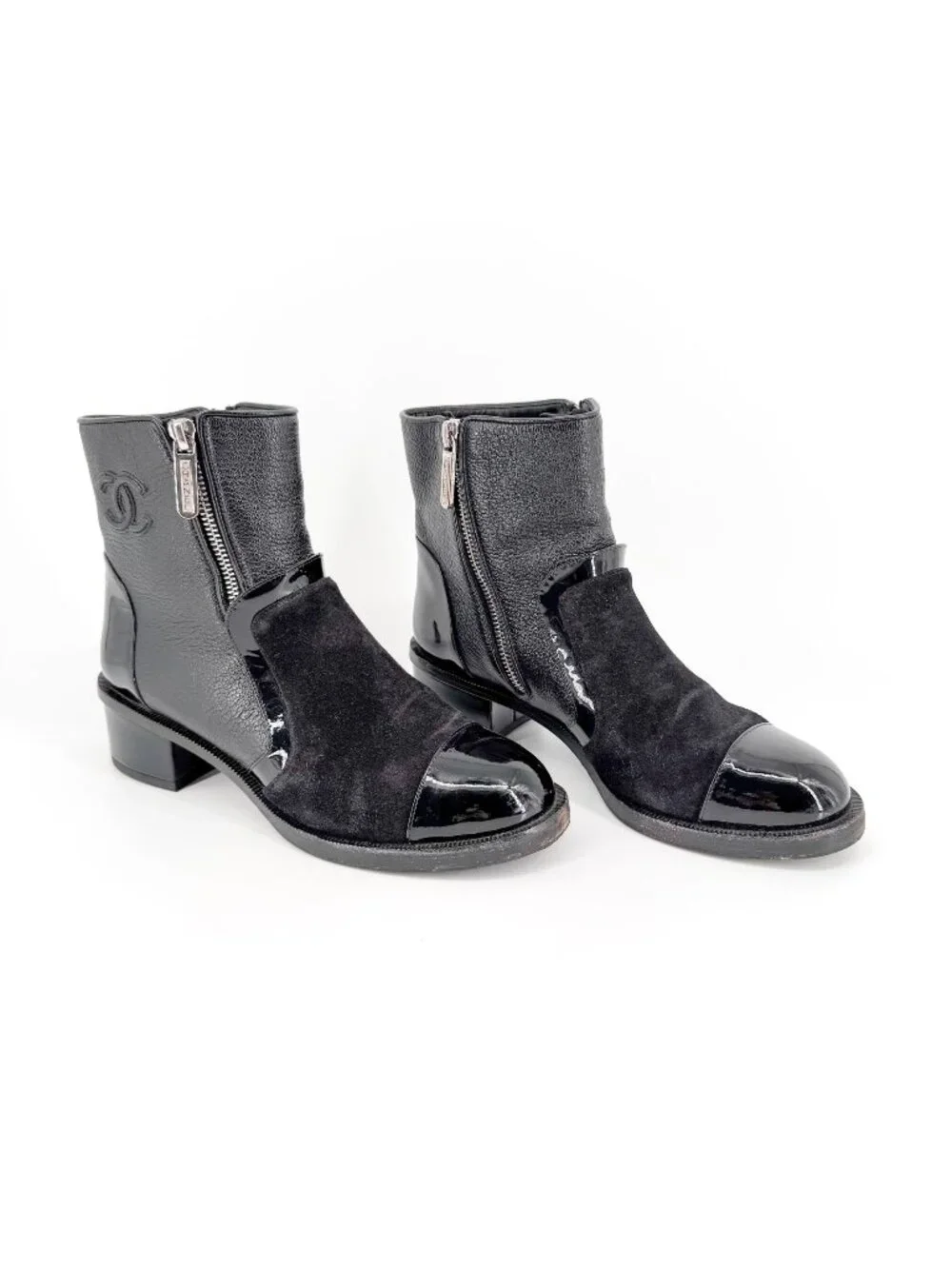 Chanel Black Suede Cap Toe CC Ankle Moto Boots Size 37.5 US 6.5–7 Women's